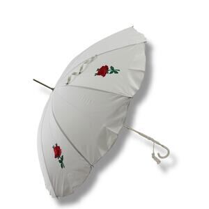 Vtg Saks Fifth Avenue Parasol Umbrella Red Rose Embroidered NOS Pinup Glam Photo